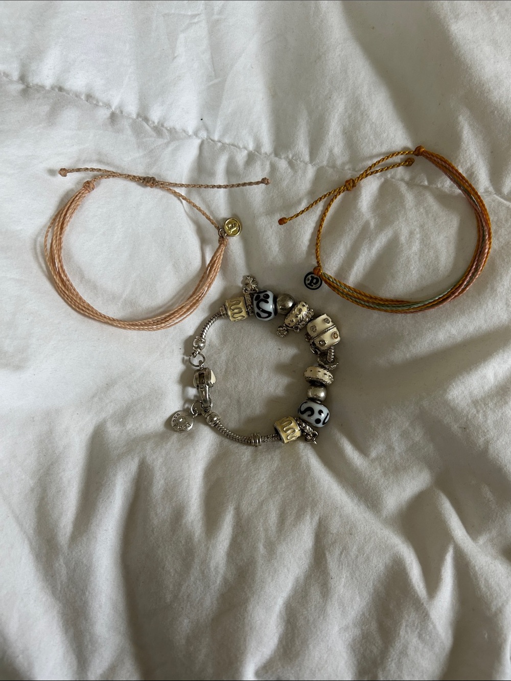 Pandora Silver Charm Bracelet with Peach and Orange Cord Bracelets